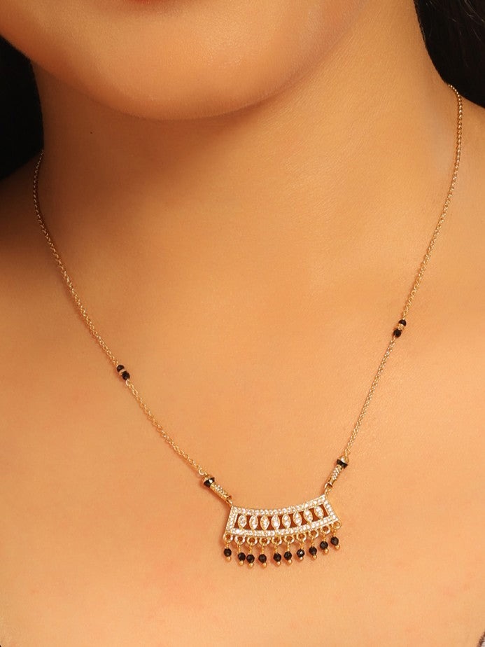 Regal Fan Mangalsutra – CZ Lattice Pendant with Black Bead Fringe