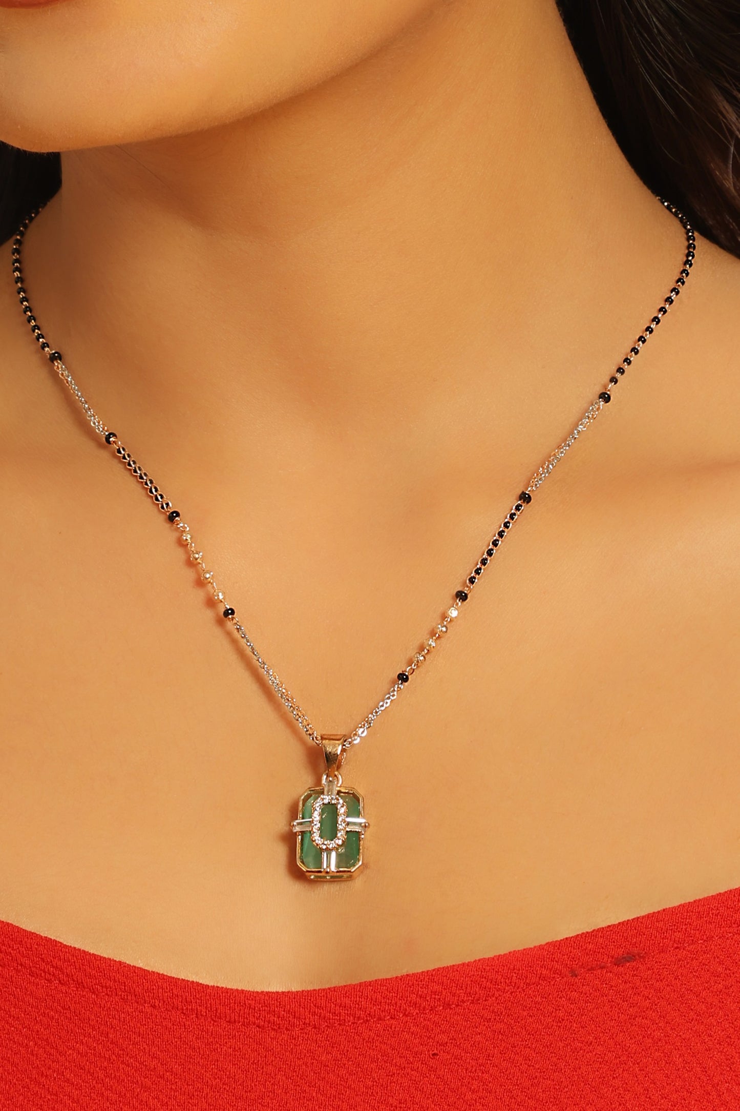 Emerra Mangalsutra – Green Gemstone Pendant with Dual Black Bead Chain