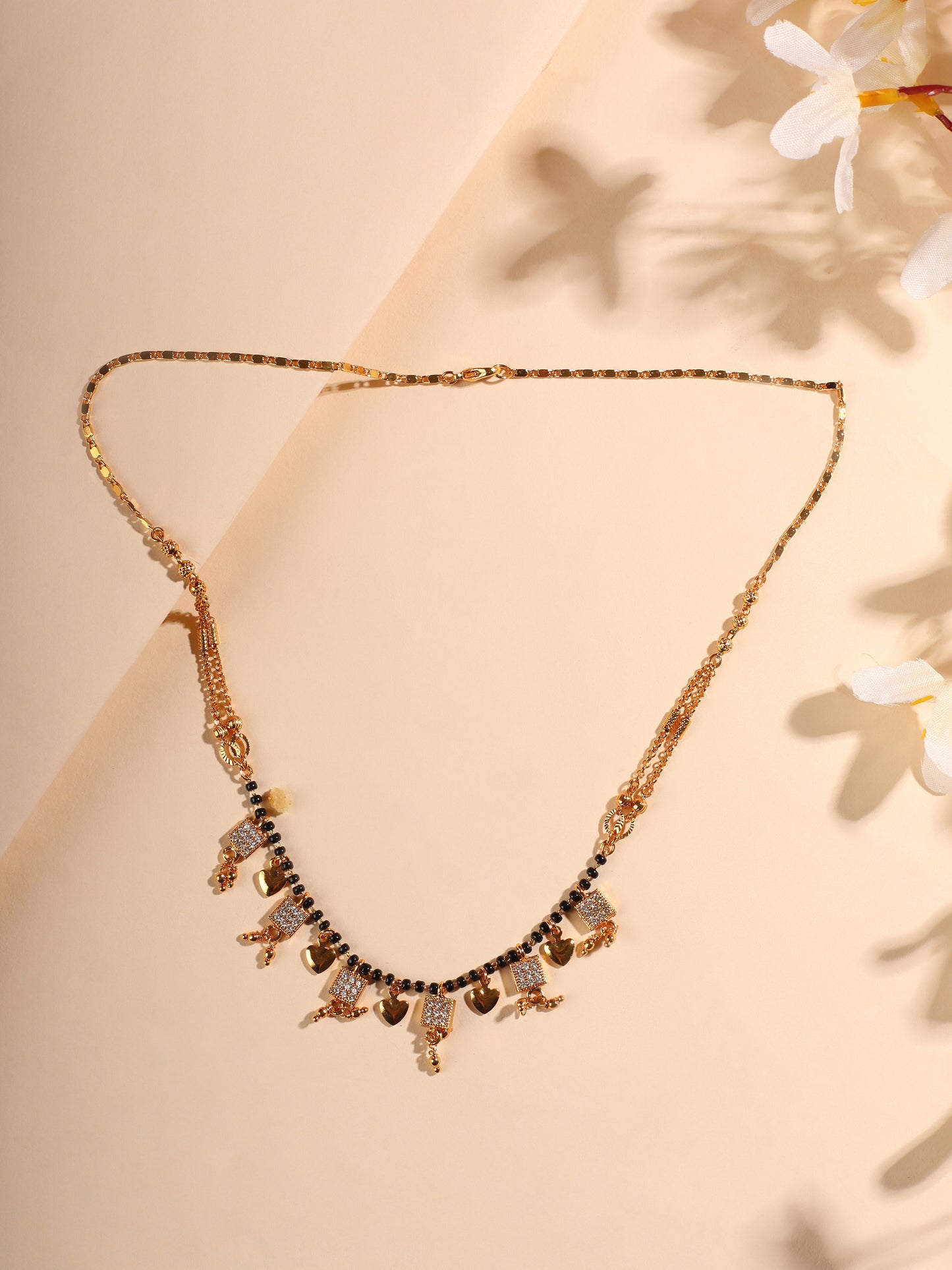 Dazzle Charm Mangalsutra – Gold Plated with Heart & CZ Square Pendants