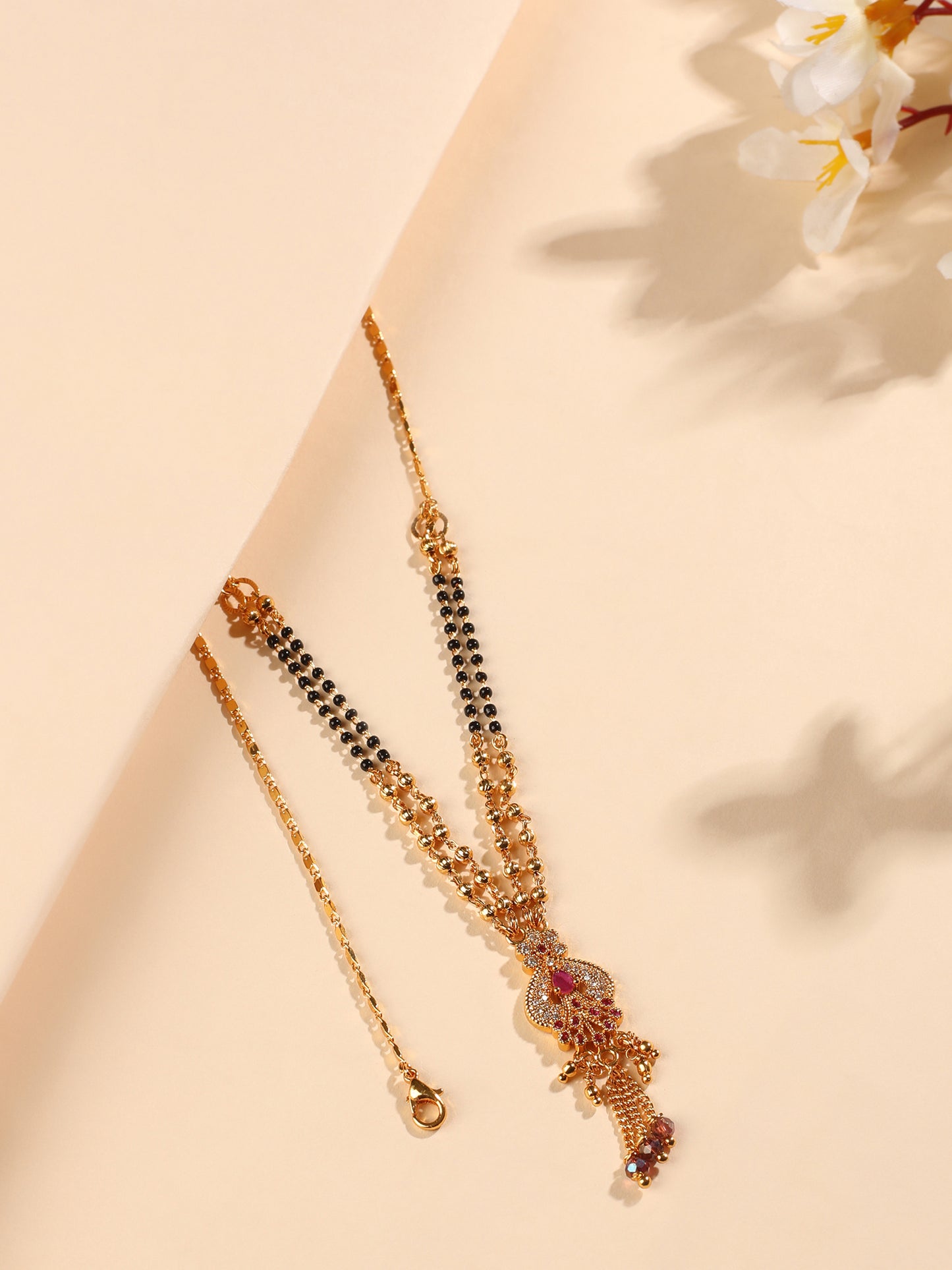 Aarohi Regal Mangalsutra – Dual-Strand CZ Pendant with Peacock Drop Design