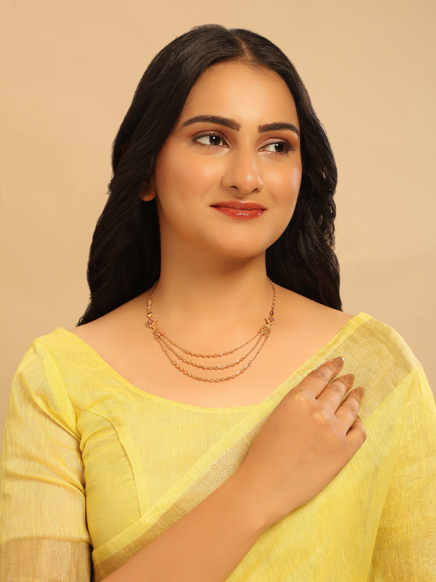 Elegant Triple-Layer Floral Necklace – Gold Plated with Red Accents
