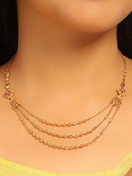 Elegant Triple-Layer Floral Necklace – Gold Plated with Red Accents
