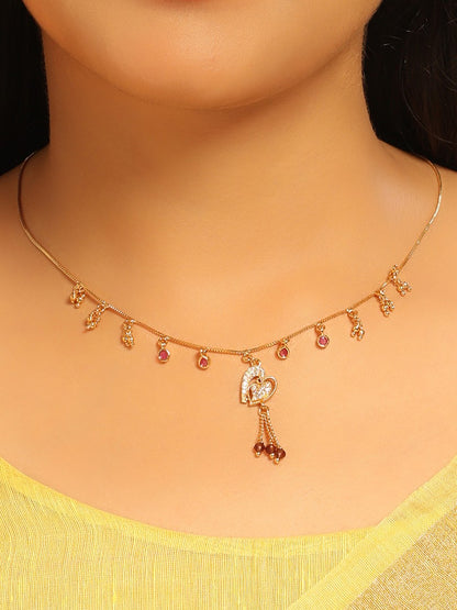 Charming Heart Dangler Necklace – Gold Plated with Red Drops