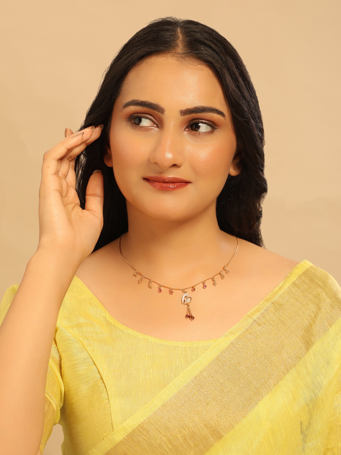 Charming Heart Dangler Necklace – Gold Plated with Red Drops