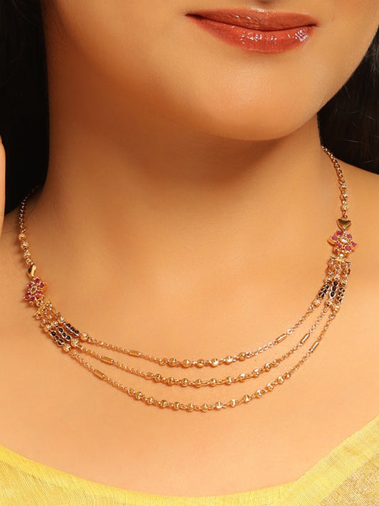 Modern Bloom Mangalsutra Necklace – Triple Layer Gold with Floral Motifs