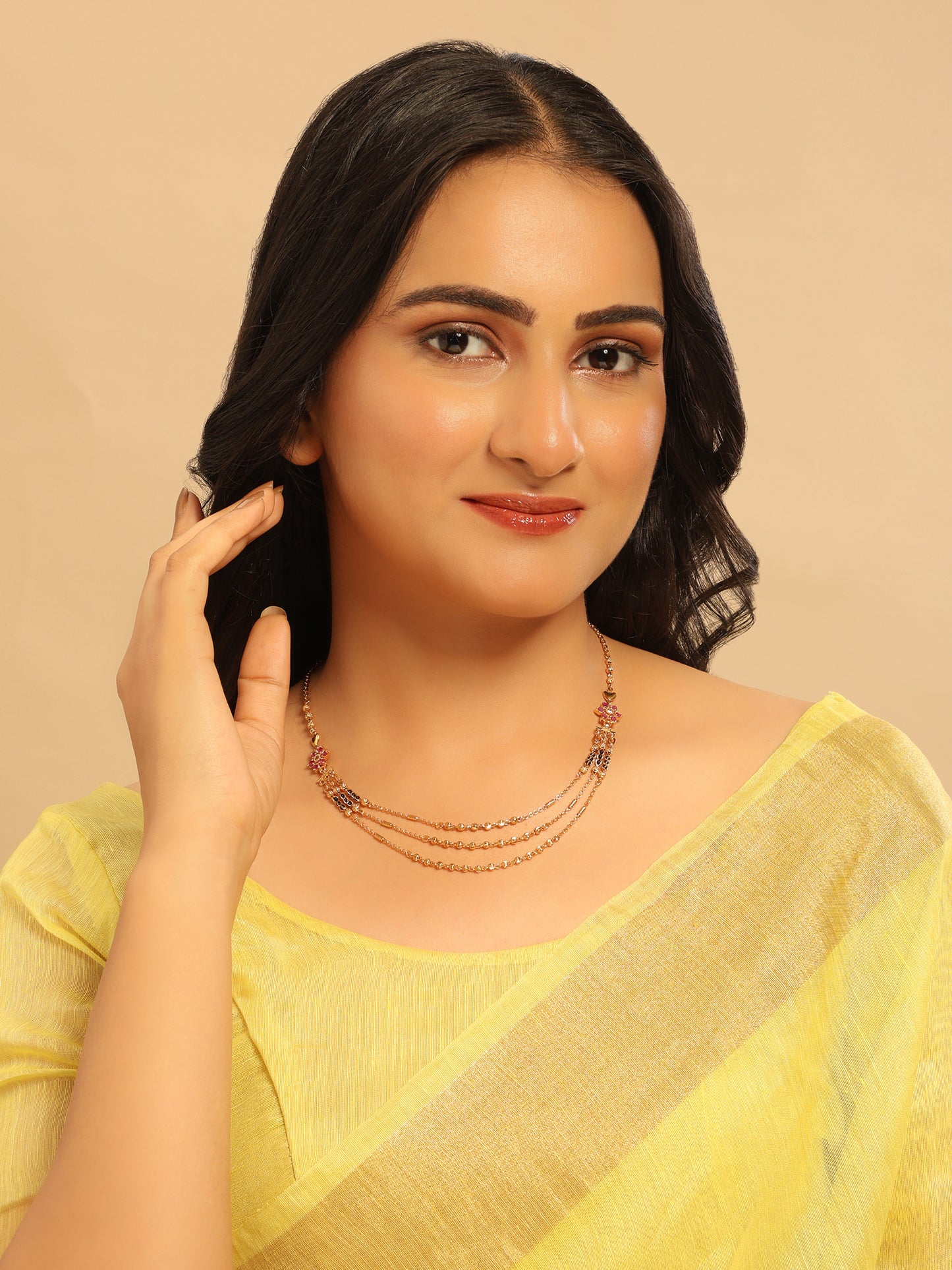 Modern Bloom Mangalsutra Necklace – Triple Layer Gold with Floral Motifs
