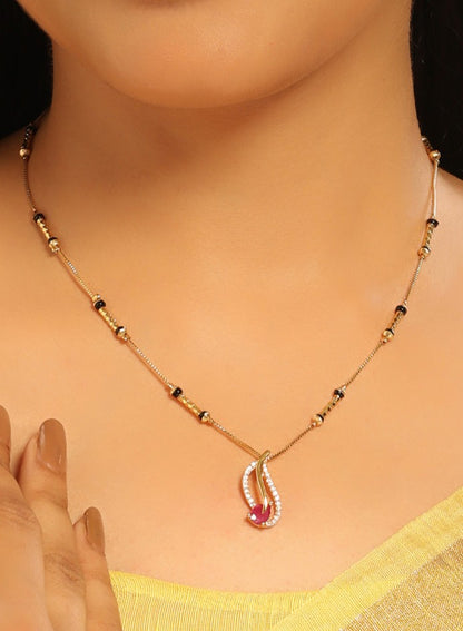 Radiant Teardrop Mangalsutra – Sleek Gold Chain with Pink Accent
