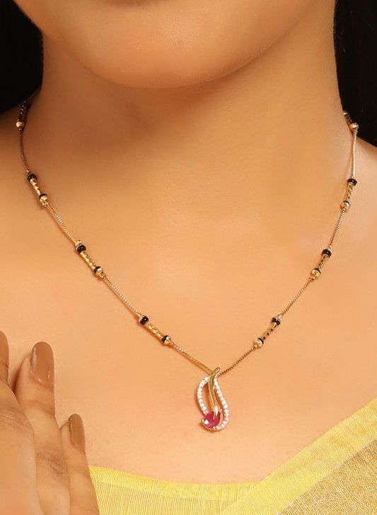 Radiant Teardrop Mangalsutra – Sleek Gold Chain with Pink Accent