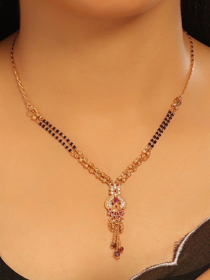 Aarohi Regal Mangalsutra – Dual-Strand CZ Pendant with Peacock Drop Design