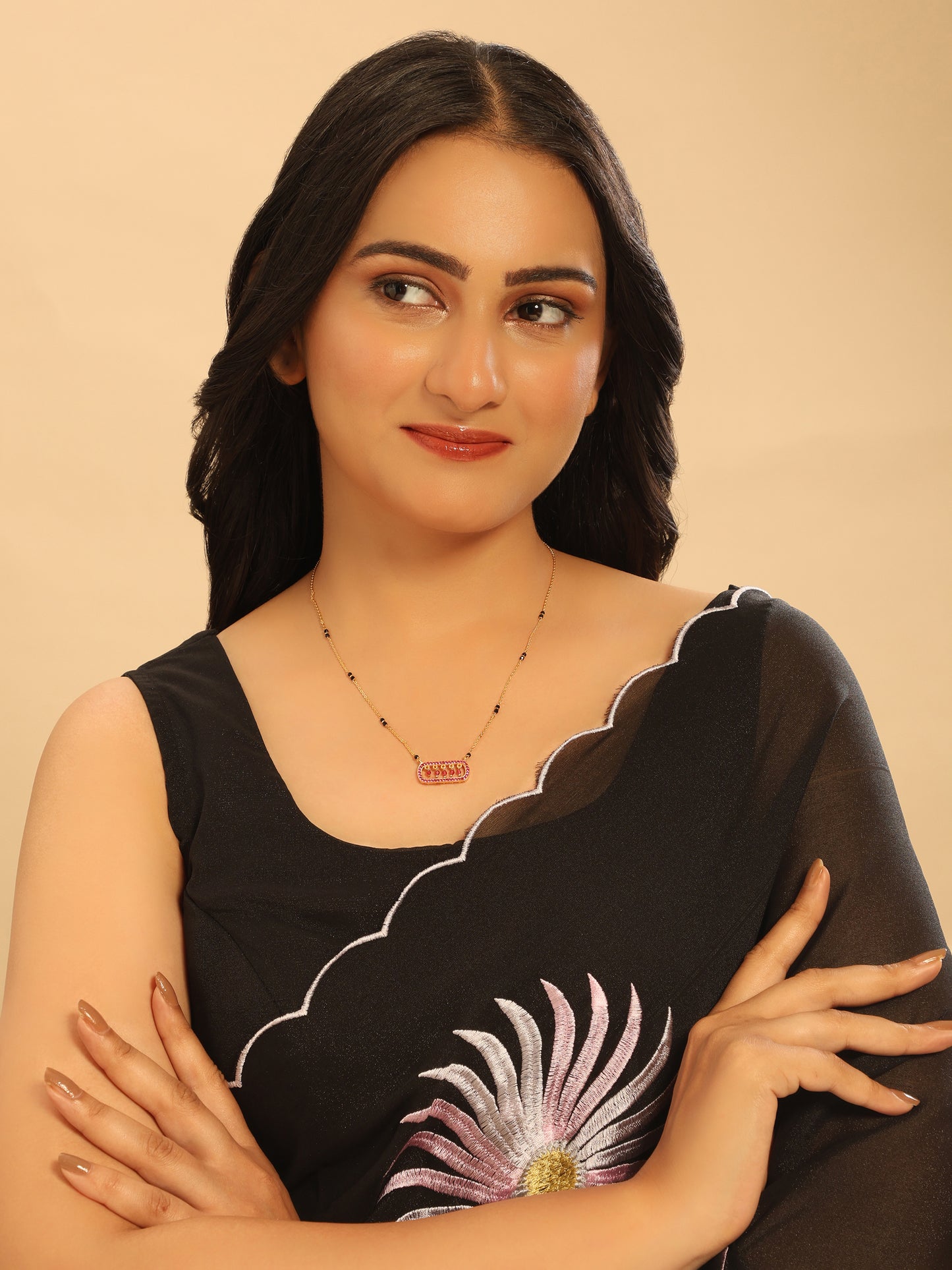 Heritage Script Mangalsutra – Black Beads with Ruby Accent Pendant