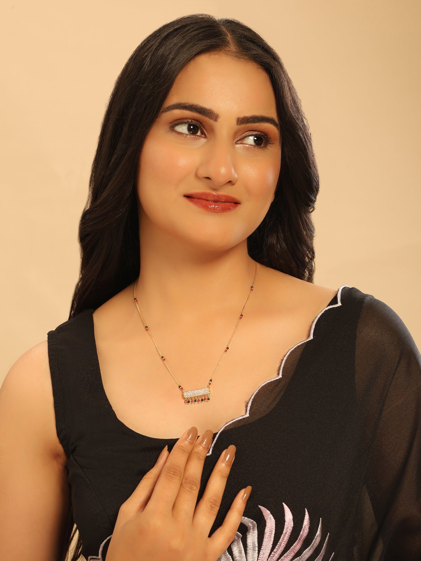 Royal Cascade Mangalsutra – Gold Plated with CZ Bar Pendant & Multicolor Drops