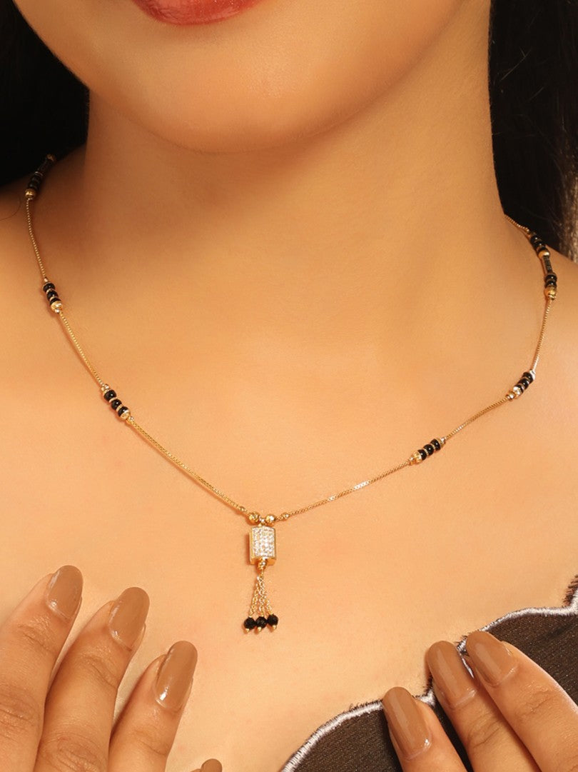 Spark Tassel Mangalsutra – CZ Square Pendant with Black Bead Tassels