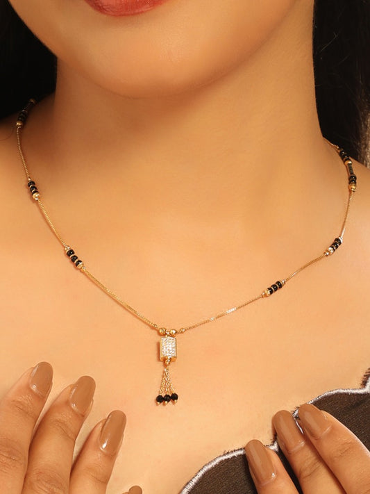 Spark Tassel Mangalsutra – CZ Square Pendant with Black Bead Tassels