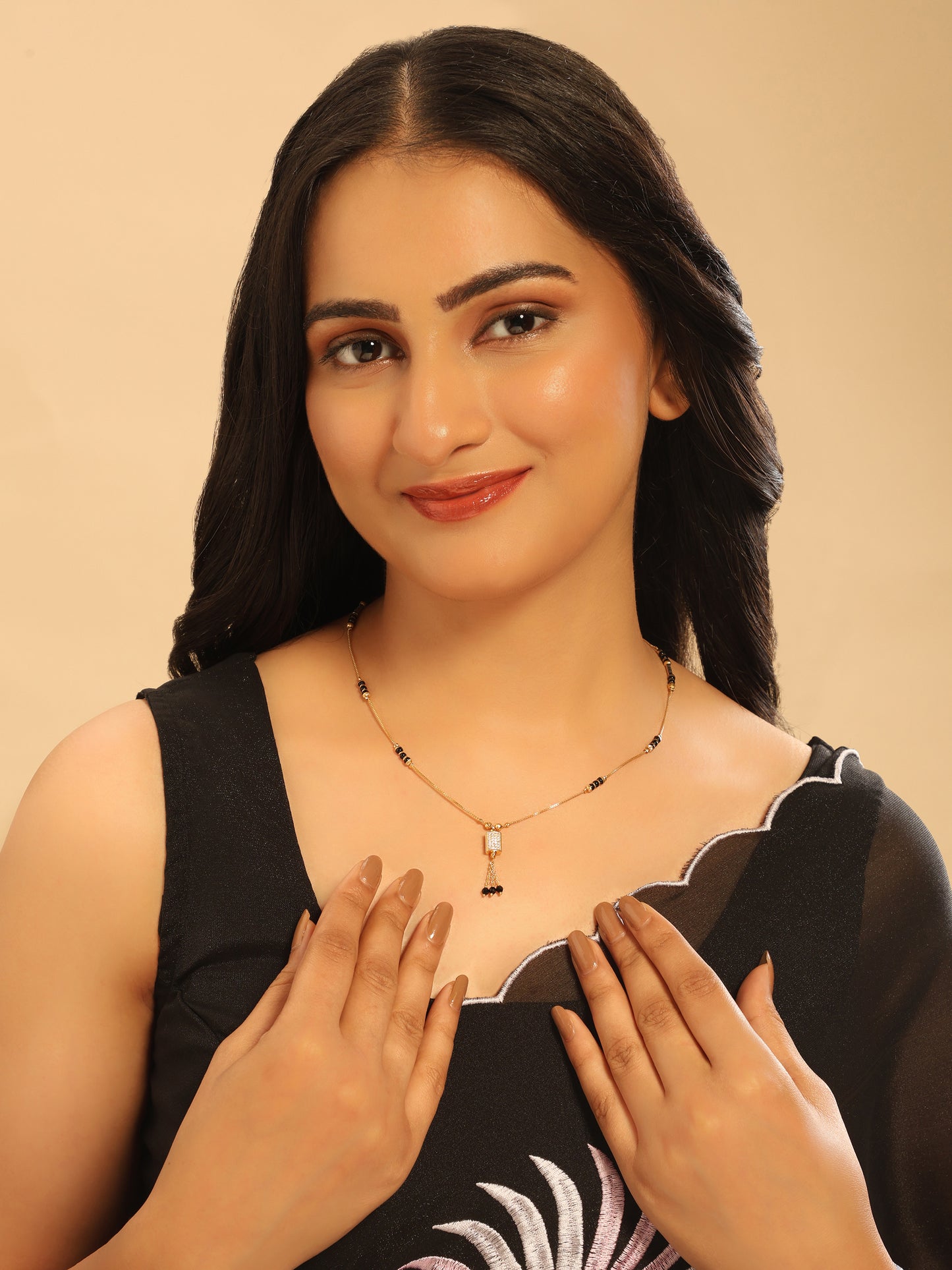 Spark Tassel Mangalsutra – CZ Square Pendant with Black Bead Tassels