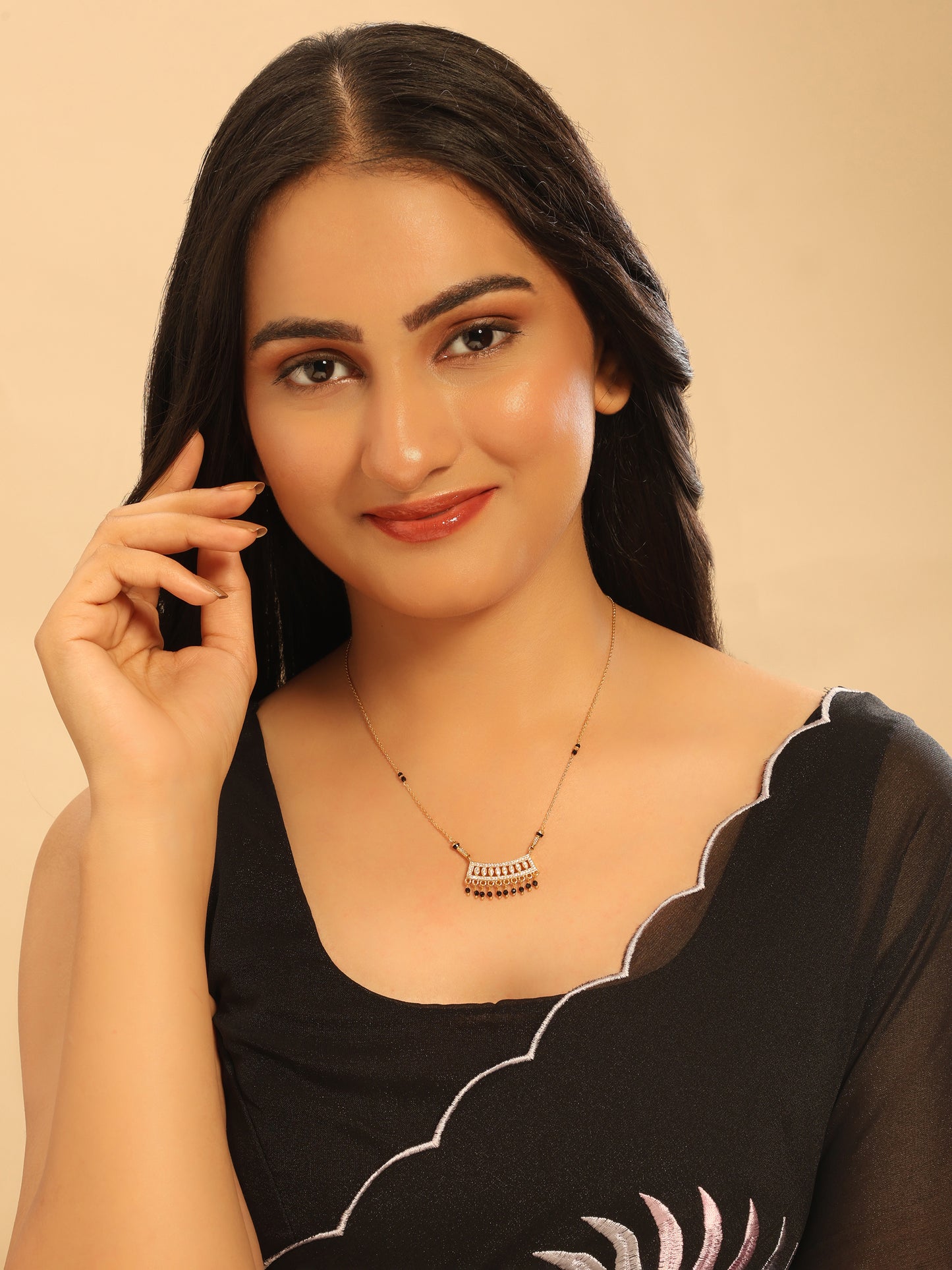 Regal Fan Mangalsutra – CZ Lattice Pendant with Black Bead Fringe