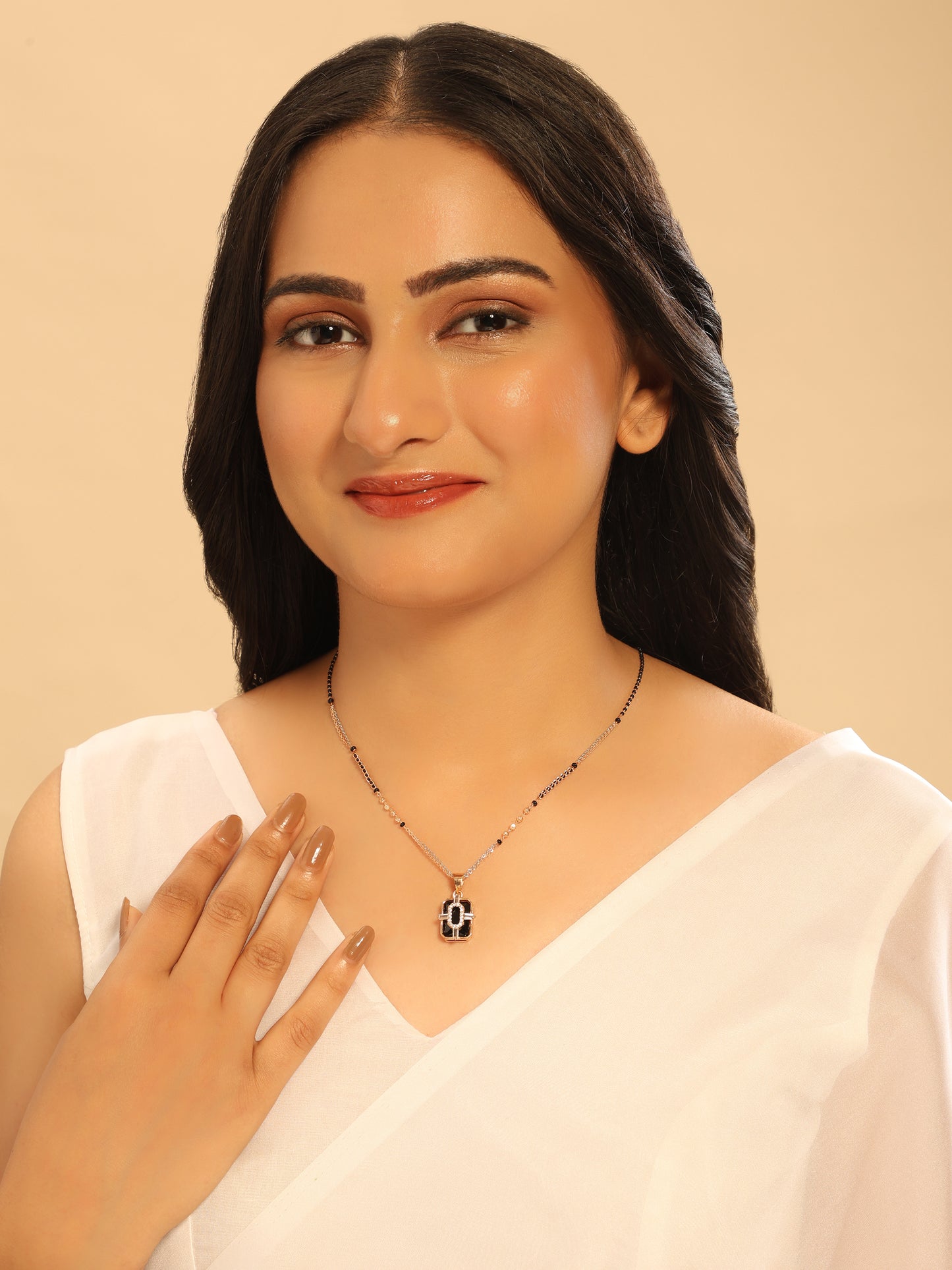 Onyxa Mangalsutra – Black Stone Pendant with Diamond-Frame and Dual Chain