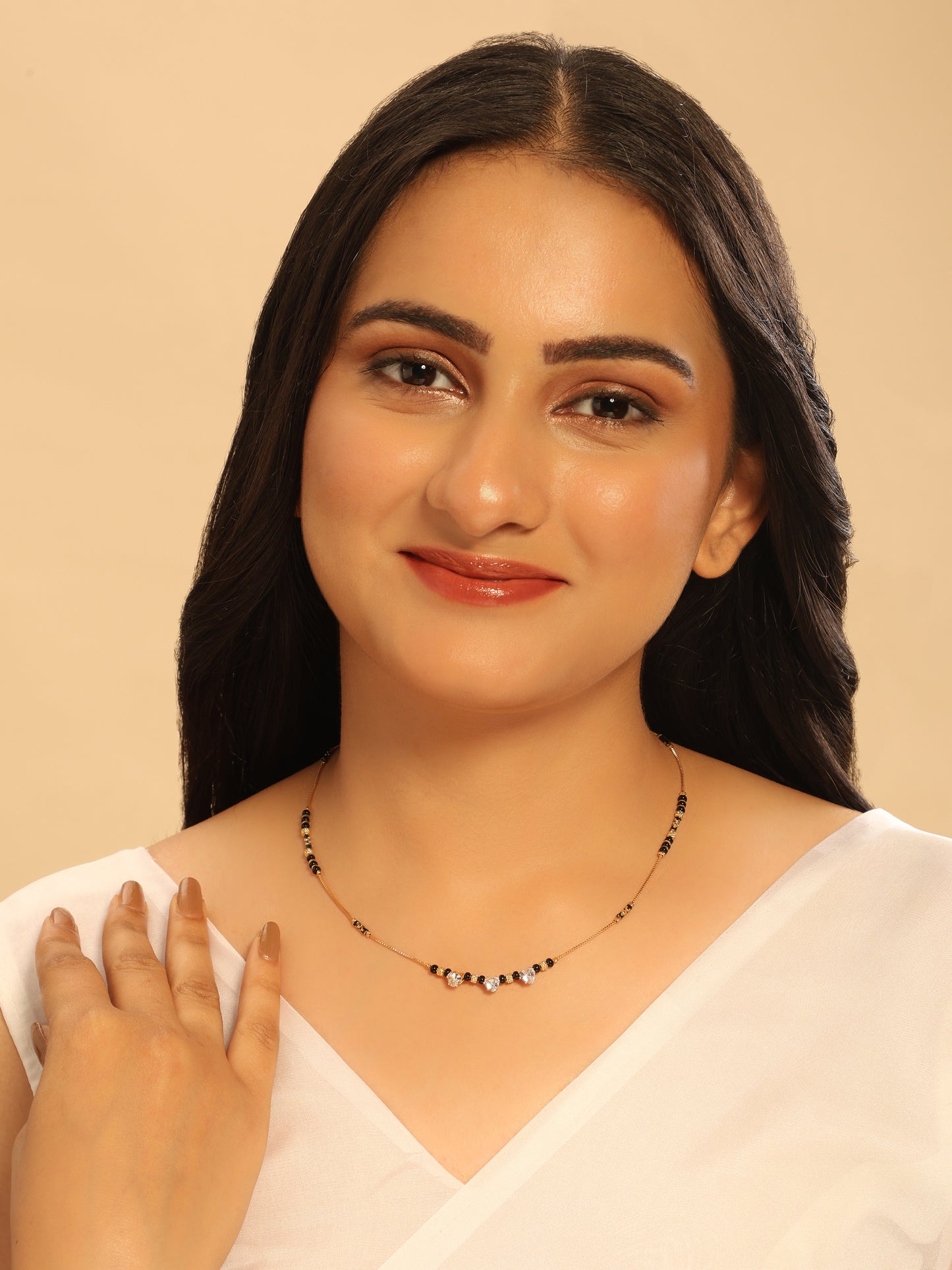 Triveni Heartline Mangalsutra – Trio Heart CZ Pendant with Black Beads