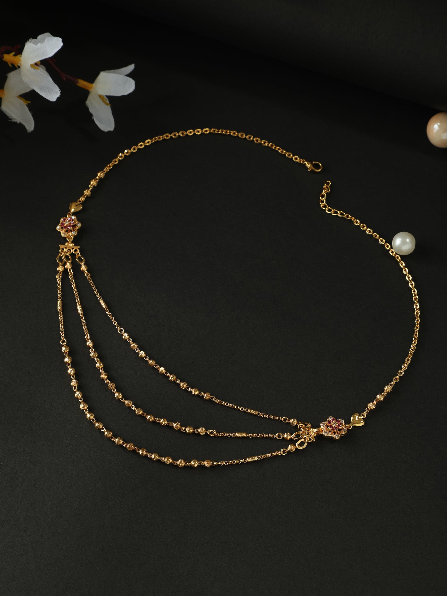 Elegant Triple-Layer Floral Necklace – Gold Plated with Red Accents