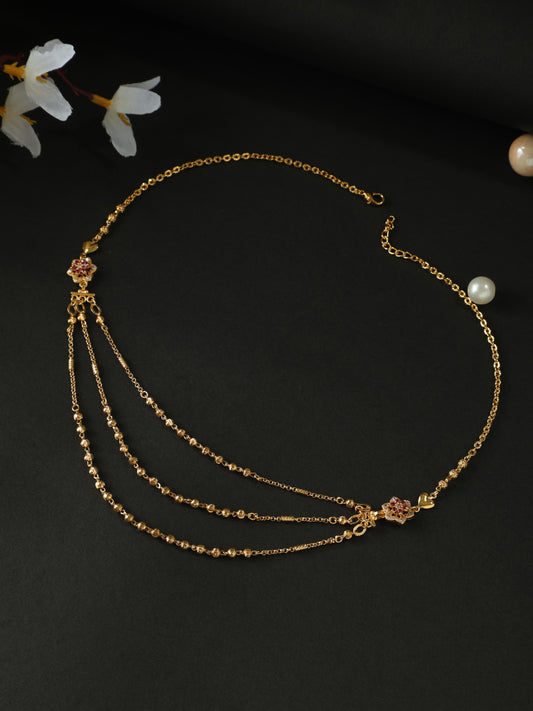 Elegant Triple-Layer Floral Necklace – Gold Plated with Red Accents