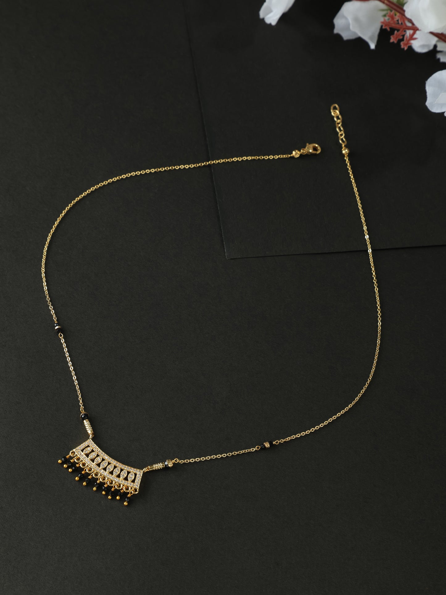 Regal Fan Mangalsutra – CZ Lattice Pendant with Black Bead Fringe
