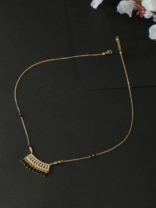 Regal Fan Mangalsutra – CZ Lattice Pendant with Black Bead Fringe