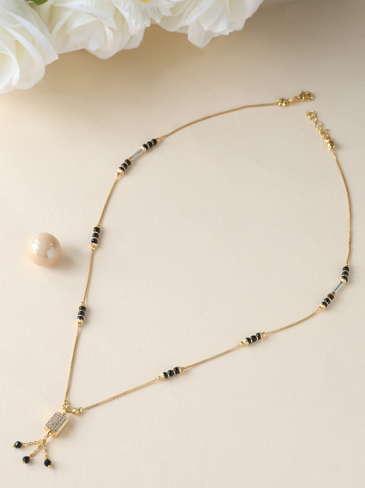 Spark Tassel Mangalsutra – CZ Square Pendant with Black Bead Tassels