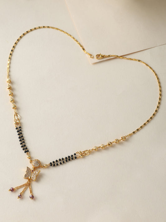 Butterfly Grace Mangalsutra – Dual-Strand Black Beads with CZ Pendant