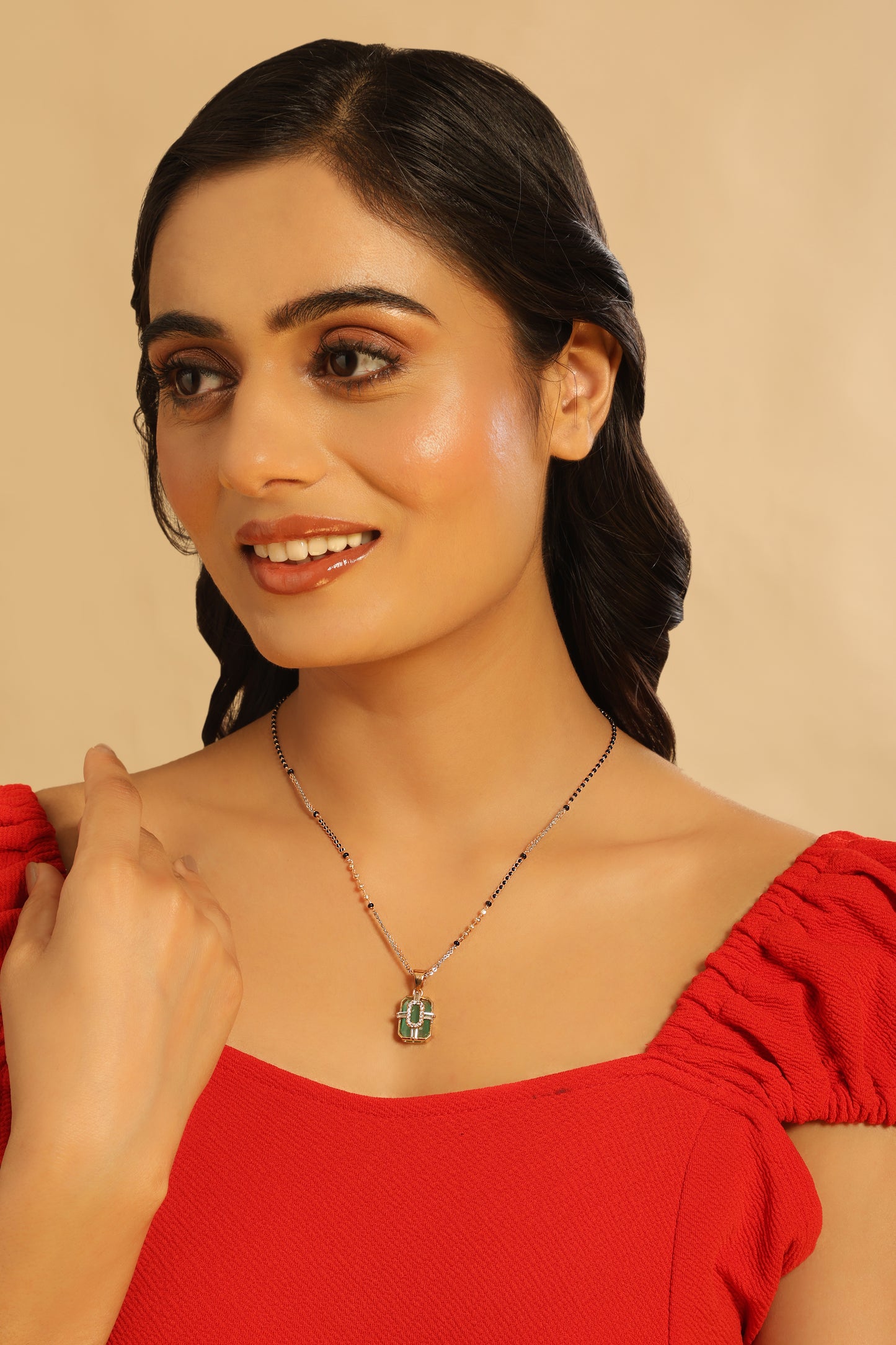 Emerra Mangalsutra – Green Gemstone Pendant with Dual Black Bead Chain